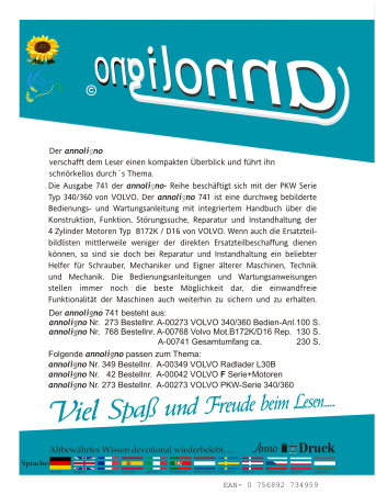 VOLVO PKW Serie Typ 340/360 & 4 Zylinder Motoren Typ  B172K / D16 Bild –Beschreibung & Einstellanleitung & Wartungsanweisung & Reparaturanleitung - annoligno 741